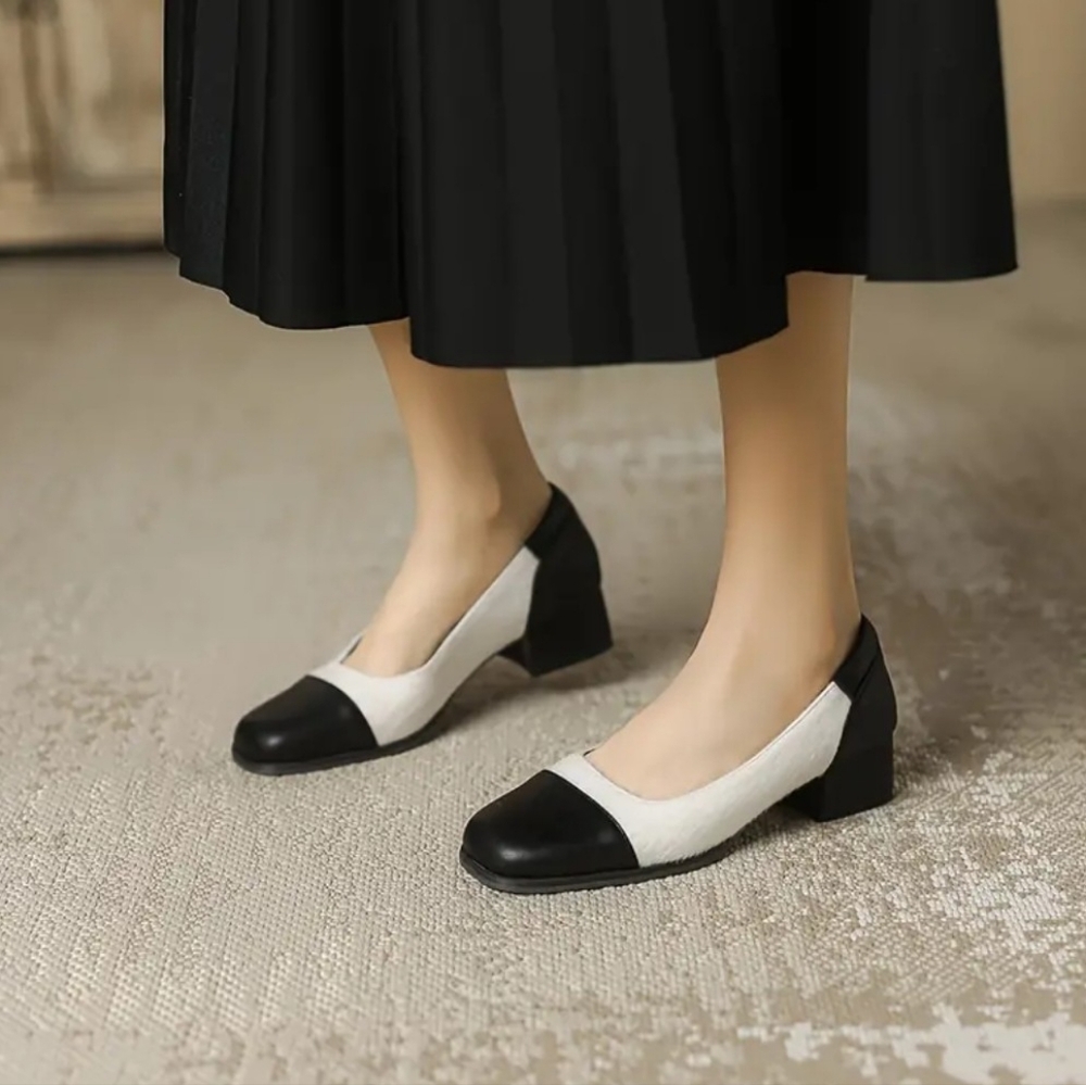 NWT Women's Contrast Color Chunky Heels, Elegant Square Toe Dress Pumps